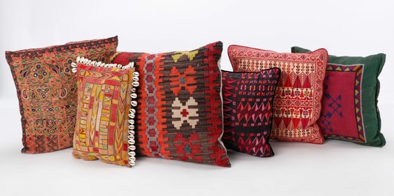 6 Exotic Textile Covered Pillows
