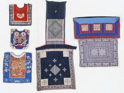 Collector's Lot of 5 Chinese and Minority Group Textiles: Collector's Lot of 5 Chinese and Minority Group Textiles. Silk embroidery on silk. Cotton. Lot includes three child's bib panels and minority group baby carrier textiles. Sizes Ranging From: 7'' x 8''