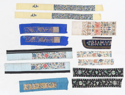Group of 13 Chinese Embroidered Silk Sleeve Bands, Early 20th C.: Group of 13 Chinese Embroidered Silk Sleeve Bands, Early 20th C. Silk embroidery on silk. Sizes Ranging From: 7'' x 1'4'' (18 x 41 cm); To: 3'' x 3'11'' (8 x 119 cm). Provenance: Collection of Brooke
