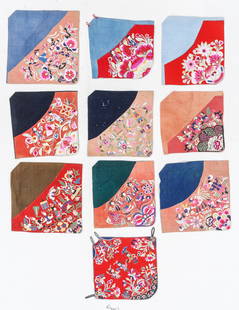 Chinese Silk Embroidered Dudou Shirt Textiles (10), Early 20th C.: Chinese Silk Embroidered Dudou Shirt Textiles (10), Early 20th C. Silk embroidery on silk, cotton lining. Sizes Ranging From: 1'3'' x 1'2'' (38 x 36 cm); To: 1'5'' x 1'5'' (43 x 43 cm). Provenance: Co