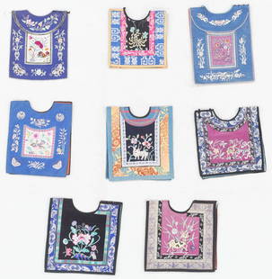 Chinese Silk Embroidered Child's Bib Panels, Early 20th C.: Chinese Silk Embroidered Child's Bib Panels, Early 20th C. Silk embroidery on silk. Sizes Ranging From: 0'7.5'' x 0'8'' (19 x 20 cm); To: 0'8'' x 0'10'' (20 x 25 cm). Provenance: Collection of Brooke