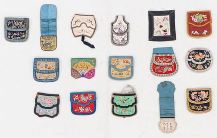 16 Chinese Silk Embroidered Hebao Coin Pouch Textiles, Early/Mid 20th C.