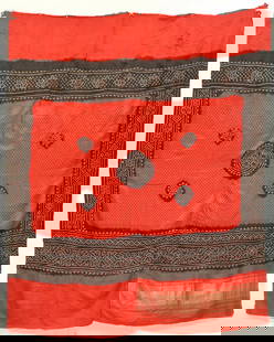 Woman's Head Covering (Bandhani), India, Early 20th C.: Woman's Head Covering (Bandhani), India, Early 20th C. Tie-dyed silk shawl in red, black and white. A square black frame around a red field with five circles inside. All worked in small tie-dyed circl