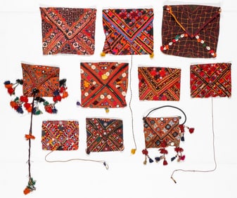 10 Banjara Embroidered and Mirror Work Bags, India, Early/Mid 20th C.