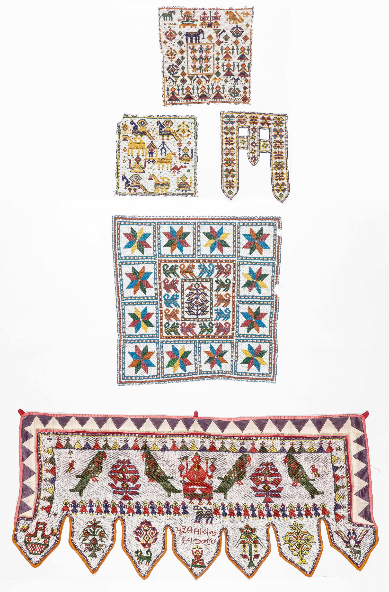 Indian Beaded Panels (5), Rajastan, India, 20th C.: Indian Beaded Panels (5), Rajastan, India, 20th C. Sizes Ranging From: 12'' x 12'' (30 x 30 cm); To: 21'' x 45.5'' (53 x 116 cm). Provenance: Ex Yosi Barzilai collection.
