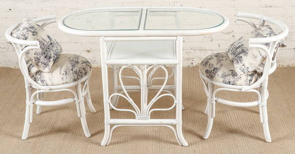 Vintage Breakfast Table and Chairs: Vintage Rattan Honeymoon Breakfast Table and Chairs, 1950's, vintage wicker faux bamboo dinette set. Sizes: 1) 29.25'' x 40.25'' x 20.25'', 74 x 102 x 51 cm (table); 2) 27.5'' x 21.25'' x 20'', 70 x 5