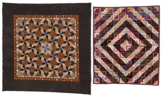 Log Cabin Barn Raising and Lemoyne Star Quilts (2), Early/Mid 20th C.: Log Cabin Barn Raising and Lemoyne Star Quilts (2), Early/Mid 20th C. Cotton. Wool. Silk. Rayon and other synthetic fabrics. The star quilt has a tag for the Rocky Mountain Quilt Company indicating th