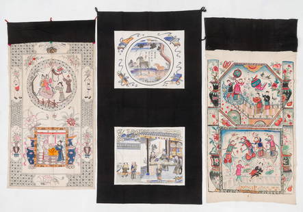 3 Chinese Hand-Painted Cloth Wall Hangings Depicting Genre Scenes: 3 Chinese Hand-Painted Cloth Wall Hangings Depicting Genre Scenes. Cotton. Possibly used for Chinese opera backdrops. Ranging in size from: 2'10'' x 5'5'' (86 x 165 cm) to 3'4'' x 6'1'' (102 x 185 cm)