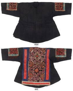 Miao Embroidered Indigo-Dyed Cotton Tunic, Guizhou, China, Early/Mid 20th C.: Miao Embroidered Indigo-Dyed Cotton Tunic, Guizhou, China, Early/Mid 20th C. Couched embroidery on patchwork printed fabric on indigo-dyed cotton. 4'3'' x 2'6'' (130 x 76 cm). From the Niña Sidley Co