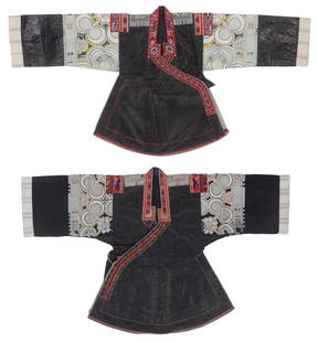 2 Miao Resist-Dyed and Embroidered Festival Jackets, Guizhou, China.: 2 Miao Resist-Dyed and Embroidered Festival Jackets, Guizhou, China. Cotton with batik, resist-dyed sleeves, embroidery. Base cloth indigo-dyed with persimmon glaze. 4'8'' x 2'4'' (142 x 71 cm); 4'3''