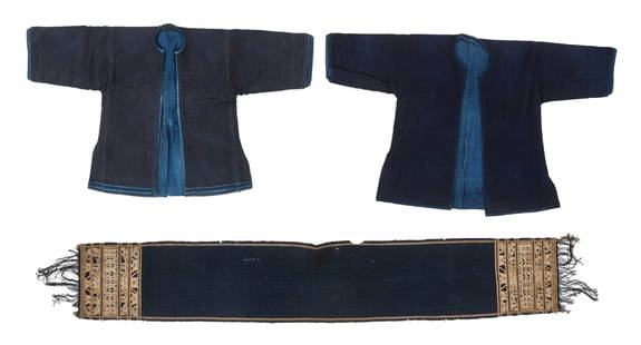 Collector's Lot of Chinese Minority Group Textiles (3), Early 20th C.: Collector's Lot of Chinese Minority Group Textiles (3), Early 20th C. Lot includes two Hani indigo-dyed cotton layered jackets from Guizhou, South China and a Li woman's cotton and silk embroidered tu
