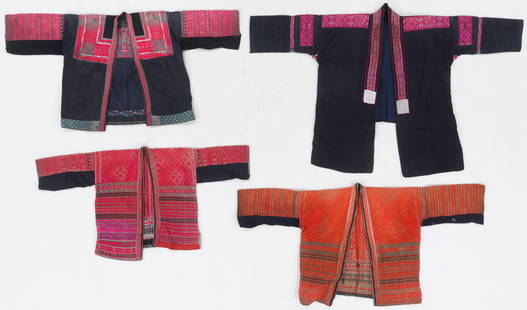 4 Miao Chinese Minority Embroidered Cotton Jackets, Early 20th C.: 4 Miao Chinese Minority Embroidered Cotton Jackets, Early 20th C. Cotton and wool. With embroidery and tin bead trim. Sizes Ranging From: 3'4'' x 1'7'' (102 x 48 cm); To: 4'3'' x 2'8'' (130 x 81 cm).
