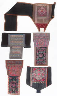Group of 5 Chinese Minority Embroidered Baby Carrier Textiles: Group of 5 Chinese Minority Embroidered Baby Carrier Textiles. Cotton with silk embroidery.Sizes Ranging From: 2'4'' x 2'6'' (71 x 76 cm); To: 2'8'' x 6'4'' (81 x 193 cm). Provenance: Collection of Br
