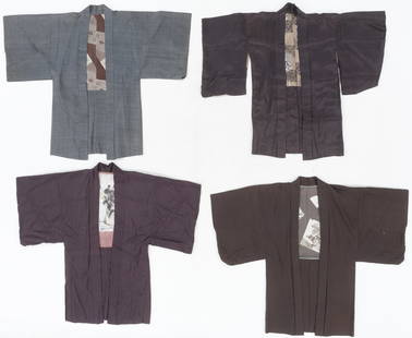 4 Japanese Men and Woman's Haori Coats, Showa Period: 4 Japanese Men and Woman's Haori Coats, Showa Period. Silk and synthetic blend. Sizes Ranging From: 4'0'' x 3'4'' (122 x 102 cm); To: 4'3'' x 3'6'' (130 x 107 cm). Provenance: Collection of Brooke and
