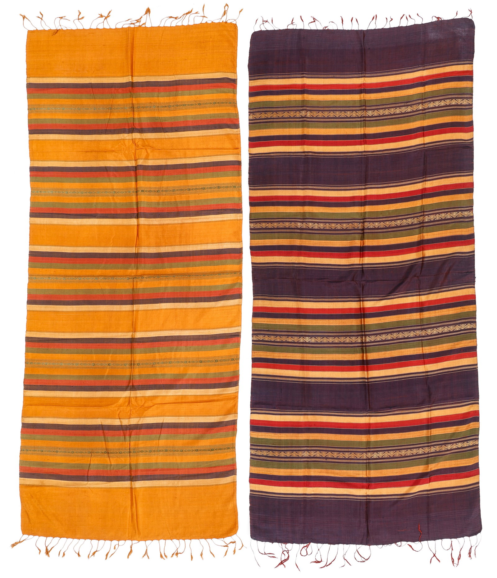 2 Vintage Handwoven Raw Silk Shawls, Laos: 2 Vintage Handwoven Raw Silk Shawls, Laos. Silk and cotton. Sizes: 1) 2'7'' x 5'10'' (79 x 178 cm); 2) 2'6'' x 5'11'' (76 x 180 cm).