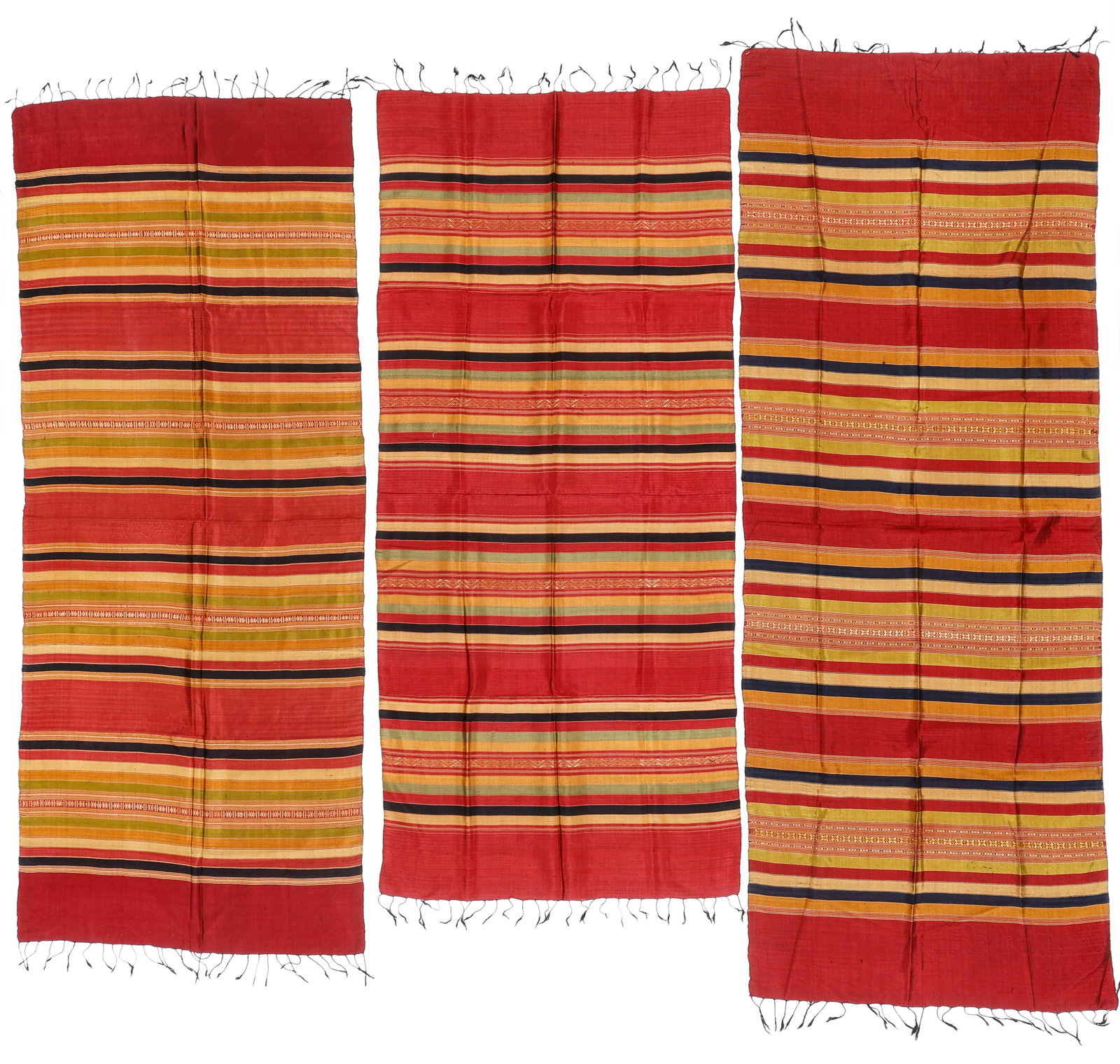 3 Vintage Handwoven Raw Silk Shawls, Laos: 3 Vintage Handwoven Raw Silk Shawls, Laos. Silk and cotton. Sizes Ranging From: 2'6'' x 6'3'' (76 x 191 cm); To: 2'7'' x 6'10'' (79 x 208 cm).