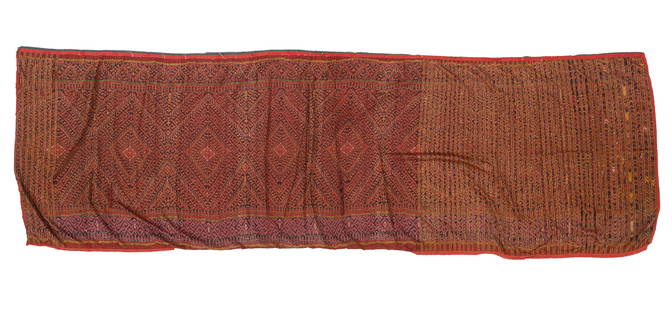Antique Cambodian Silk Ikat Hip-Wrapper Textile: Antique Cambodian Silk Ikat Hip-Wrapper Textile. Long skirt cloth or hanging, with patterning in weft wrap resist (ikat) in a complex pattern of large concentric diamonds with dense geometric fill. En
