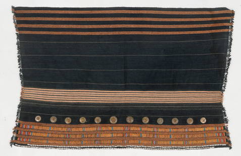 Konyak Naga Woman's Embellished Festival Cloth: Konyak Naga Woman's Embellished Festival Cloth. A heavy cotton festival cloth worn only by a woman of the angh’s (chief’s) clan, with beadwork, brass discs and cowry shells as high-status ornament