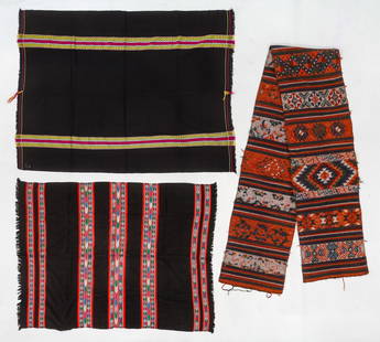 3 Northeast Indian and Himalayan Woven Textiles: 3 Northeast Indian and Himalayan Woven Textiles. Lot includes a Lotha Naga women's cloth with green and magenta stripes, a Chin textile with multicolor design stripes, and a Himalayan wool woven scarf