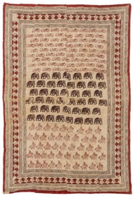 Antique Block Printed Wall Hanging Textile of Elephants and Riders, Gujarat, India