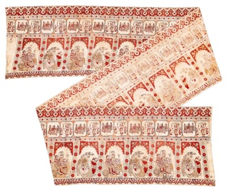 Indian Hand-Drawn and Dyed Banner of Hindu Scenes