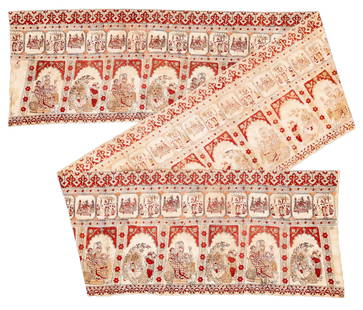 Indian Hand-Drawn and Dyed Banner of Hindu Scenes: Indian Hand-Drawn and Dyed Banner of Hindu Scenes. Hanging of cotton tabby cloth with hand drawn resist and mordant dye patterning with a row of arches enclosing scenes of Vishnu and family enthroned,