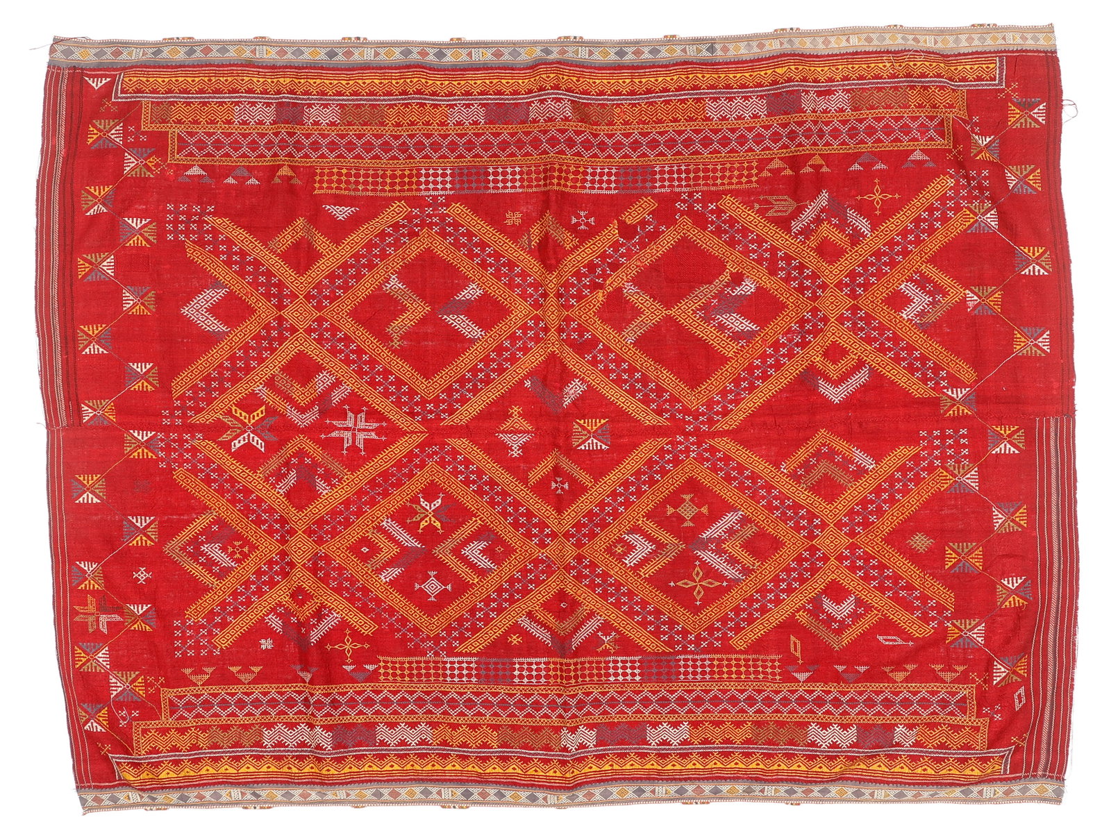 Barmeri Wedding Shawl, India, Circa 1900: Barmeri Wedding Shawl, India, Circa 1900. Traditional wool woven shawl. With fertility and prosperity motifs embroidered in wool. Dyed cotton and wool. Selvedges are adorned with tablet woven cotton s