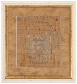 Framed Metal Embroidered Velour Souvenir Panel from the Taj Mahal, Dated 1944