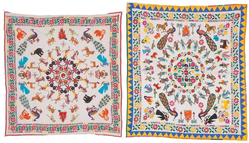 2 Gujarati Indian Embroidered Tapestry, Mid 20th C.