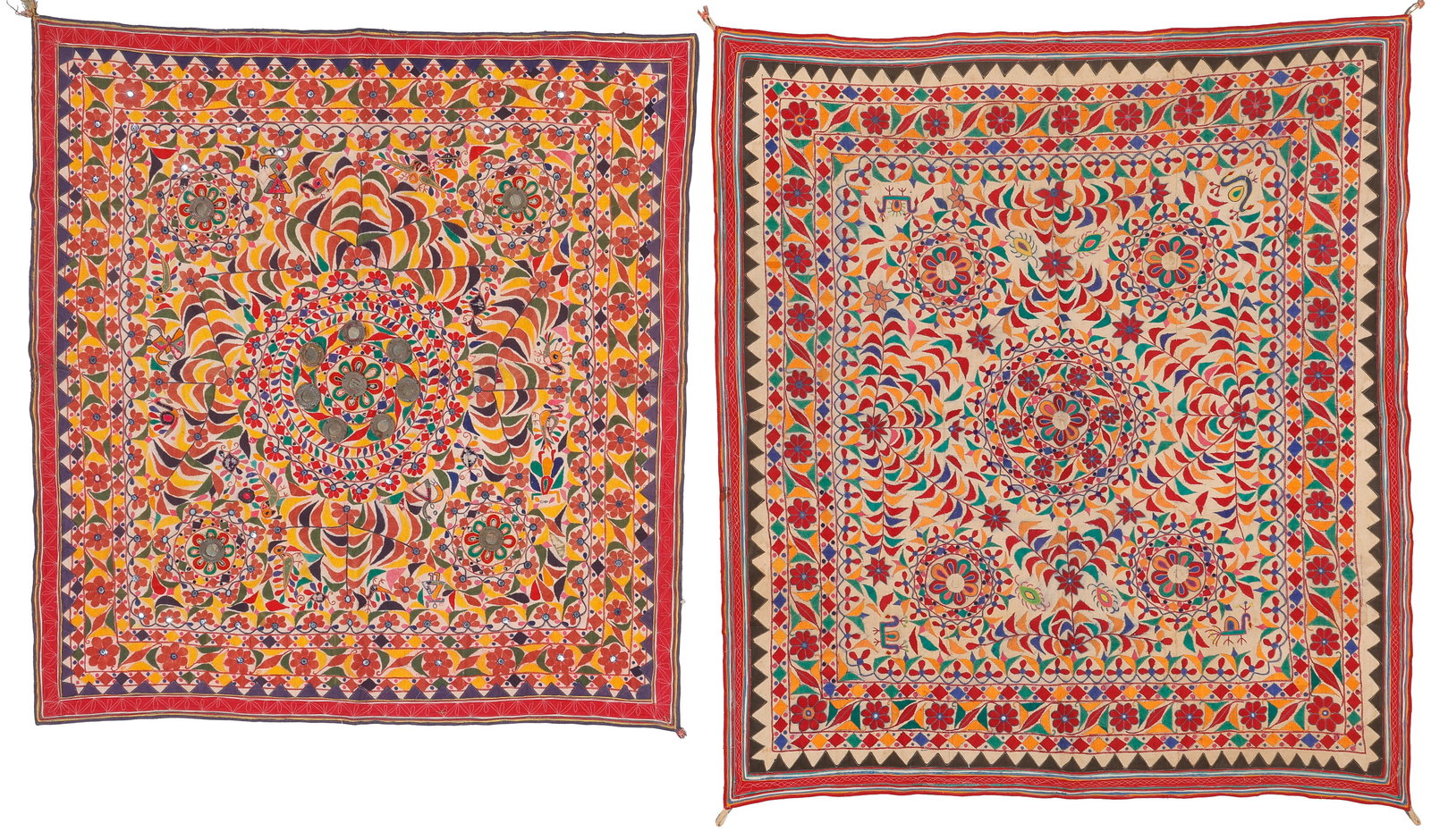 2 Gujarati Indian Embroidered Tapestries with Mirror Work, Mid 20th C. (1 of 3)