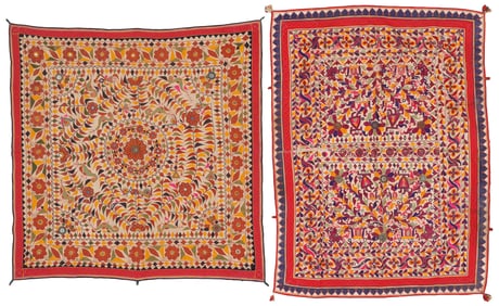 2 Gujarati Indian Embroidered Tapestries with Mirror Work, Mid 20th C.