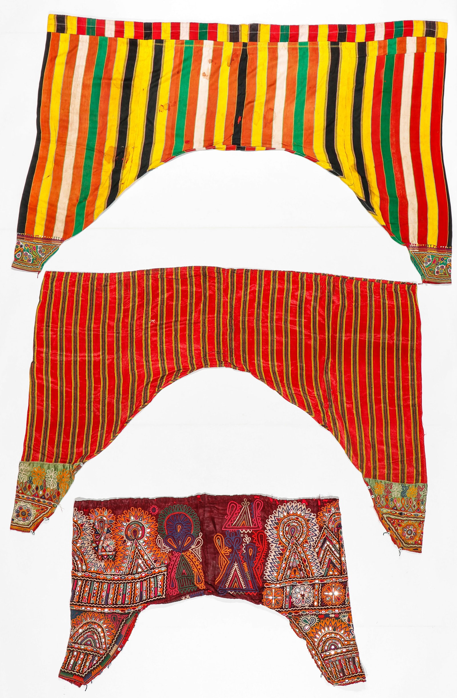 3 Banjara Men's Mashru Silk Trousers, India, Early/Mid 20th C.: 3 Banjara Men's Mashru Silk Trousers, India, Early/Mid 20th C. Silk and cotton. Sizes Ranging From: 3'4'' x 2'4'' (102 x 71 cm); To: 5'0'' x 3'4'' (152 x 102 cm). Provenance: The Carol Summers Collect