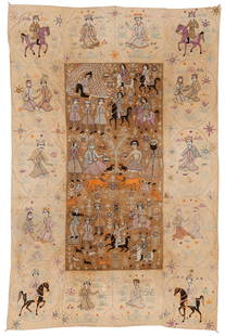 Persian Qajar Silk Embroidered Pictorial Tapestry, 19th C.: Persian Qajar Silk Embroidered Pictorial Tapestry, 19th C. Silk and cotton. 5'0'' x 7'9'' (152 x 236 cm)