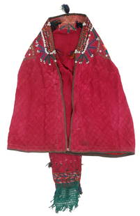 Tajik Woman's Jelak Ceremonial Robe, Central Asia: Tajik Woman's Jelak Ceremonial Robe, Central Asia. Red silk with embroidery and metal and pearl buttons. Size: 43" x 27" (109 x 69 cm).