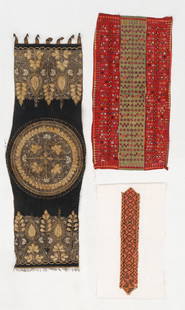 Collector's Lot of Antique Middle Eastern Textiles (3): Collector's Lot of Antique Middle Eastern Textiles (3). Lot includes a Turkish Ottoman metal thread embroidery banner and two Palestinian embroidered silk textile and weaving fragment. Ranging in size