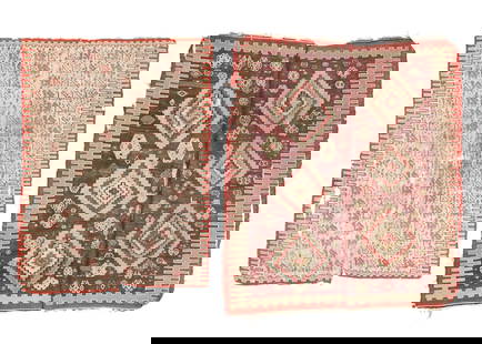 Two 19th C. Helvaci Koy Kilims, Turkey: Two 19th C. Helvaci Koy Kilims, Turkey. Wool. Largest Size: 5'10'' x 6'11'' (178 x 211 cm). Weight: 13 lbs total