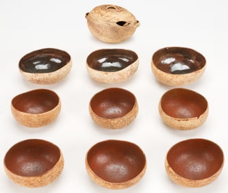 Art Pottery Tureen with Ladle and 9 Bowls, Marked "Jc"