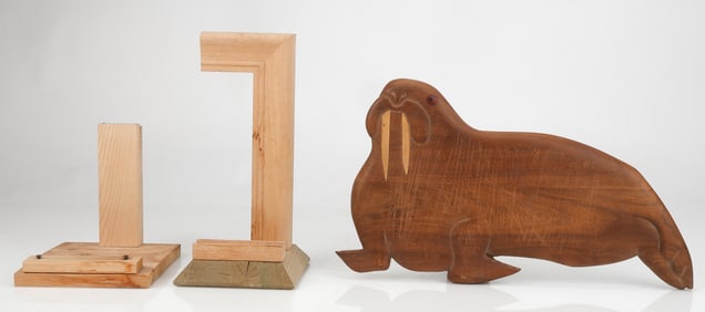 John Bauer (American, b. 1951) Walrus Cutting Board with 2 Wooden Sculptures