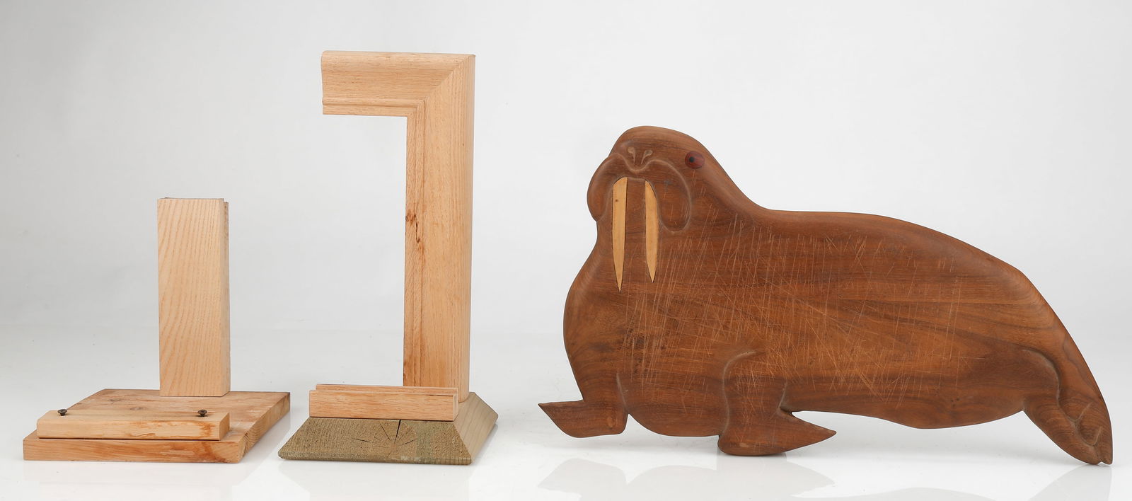 John Bauer (American, b. 1951) Walrus Cutting Board with 2 Wooden Sculptures (1 of 4)