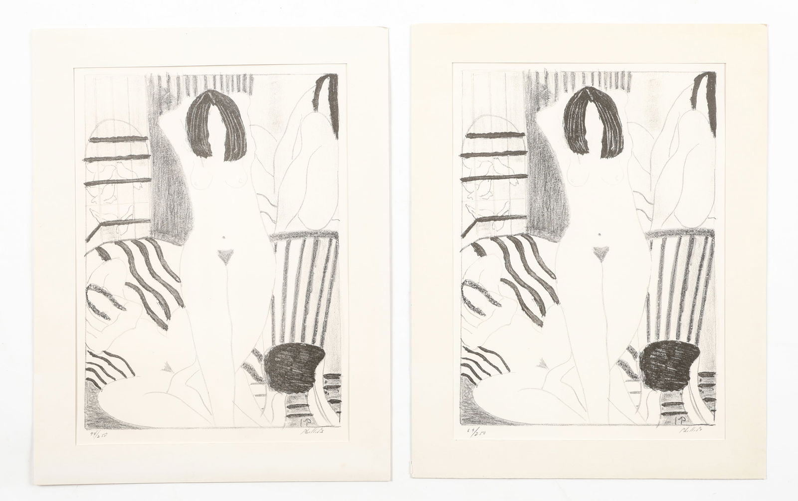 Matt Phillips (American) Interior with Nudes and Doves: Matt Phillips (American, b. 1927) "Interior with Nudes and Doves," lithographs, signed. Unframed. 2 editions: 69/250 and 94/250. Published by Associated American Artists. Size: 14'' x 10'', 36 x 25 cm