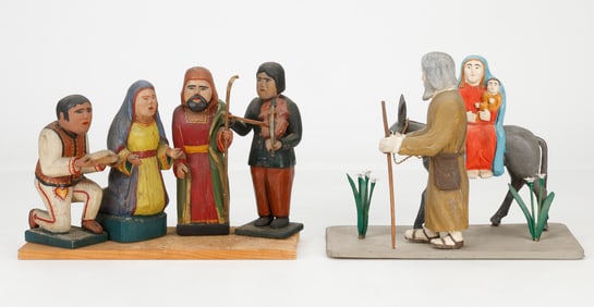 2 Polish Folk Art Carved Wood Figural Groups