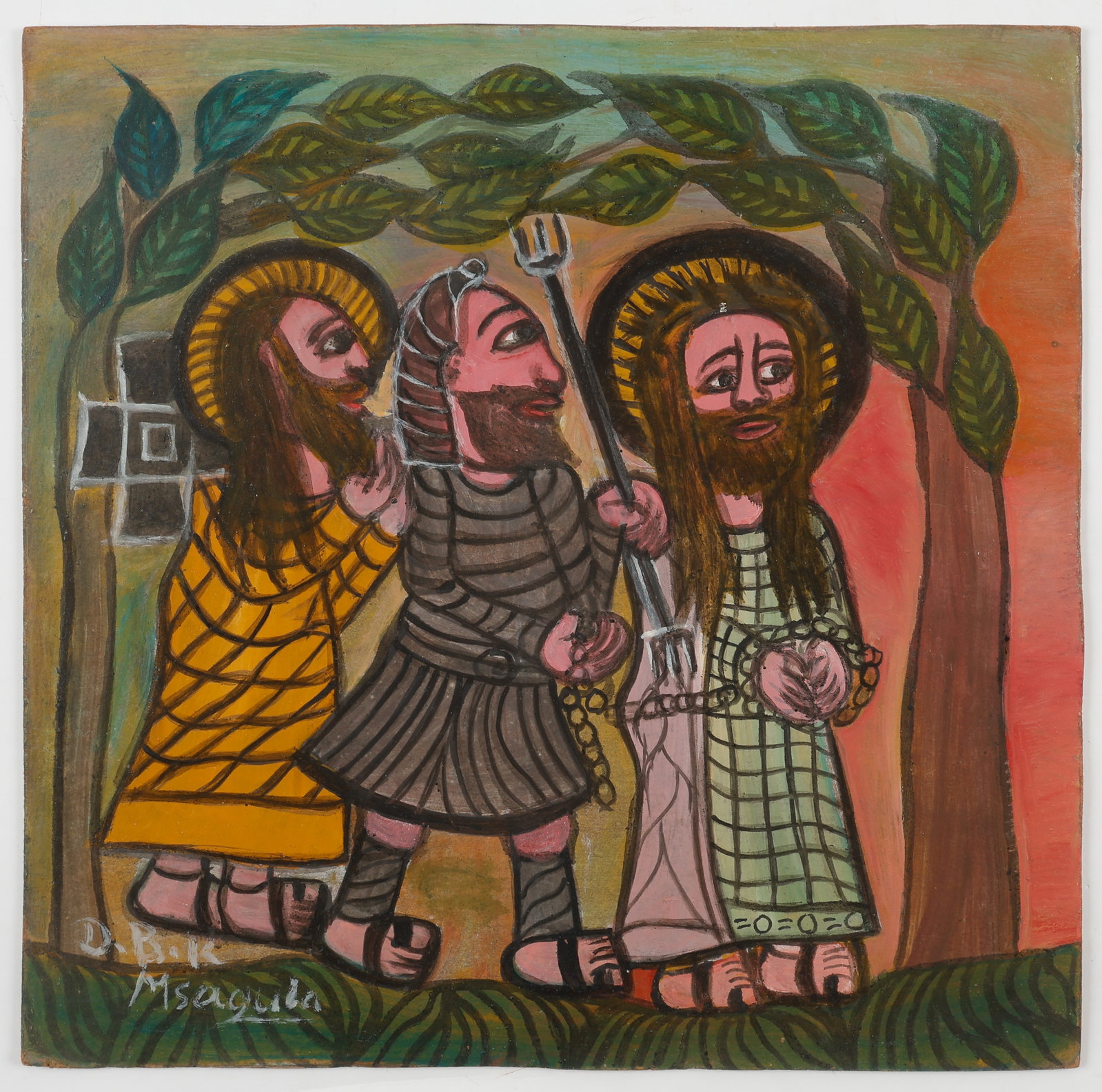 Damian Boniface K Msagula (Tanzania, 1939-2005): Damian Boniface K Msagula (Tanzania, 1939-2005), painting on board, signed. Unframed. Size: 12'' x 12'', 30 x 30 cm (board).