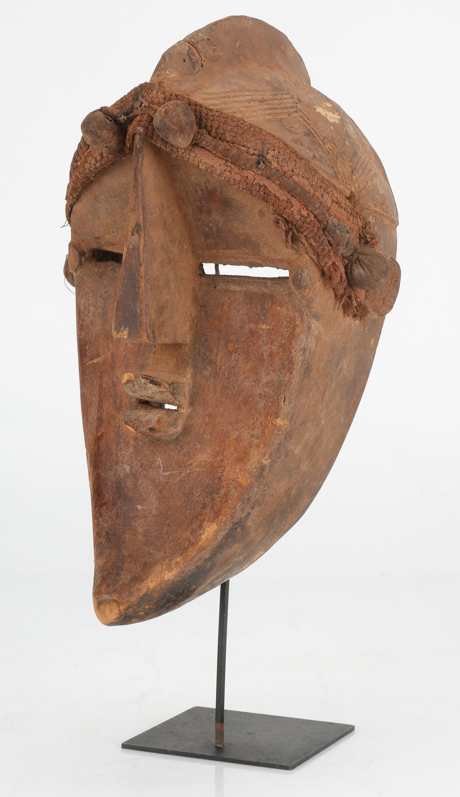 African Lwalwa Mask, Democratic Republic of Congo, Africa: African/Africa Lwalwa Mask, Democratic Republic of Congo, Africa. Size: 14'' x 9'' x 7.5'' (36 x 23 x 19 cm), Height on stand 17''(43 cm).