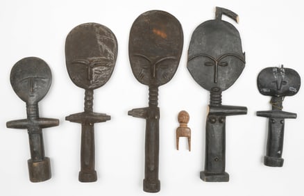 5 African Ashanti Akuaba Dolls And a Baule Heddle Pulley