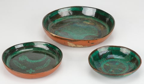 3 Mexican/Mexico Folk Pottery Green-Glazed Chargers