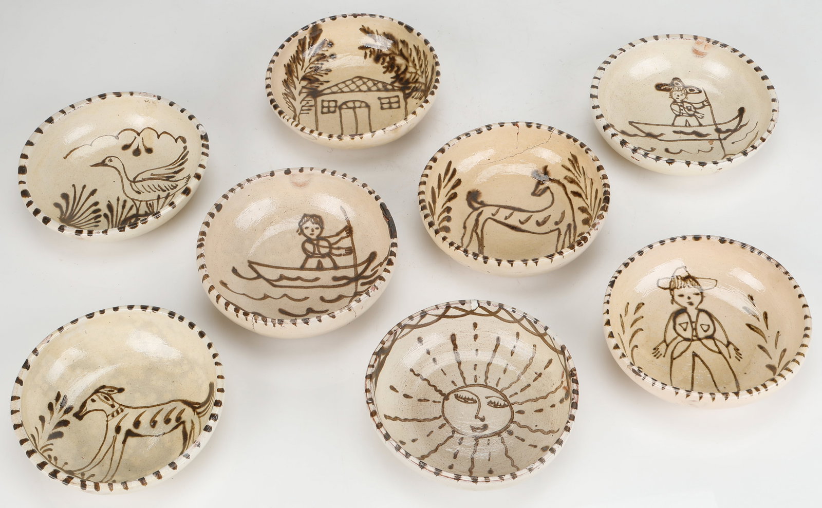 8 Tzintzuntzan Pottery Folk Art Bowls, Michoacan, Mexico: 8 Mexican Tzintzuntzan Pottery Bowls, Michoacan, Mexico. Sizes Ranging from: 6.5'' x 1.5'' x 2'' (17 x 4 x 5 cm); To: 7'' x 2'' x 2'' (18 x 5 x 5 cm).