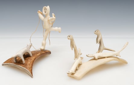 2 Inuit Carved Bone Sculptural Groups