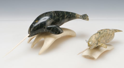 2 Inuit Carved Stone And Antler Narwhal Figures
