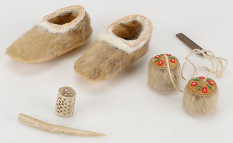 Pair of Inuit Sealskin Child's Moccasins And 2 Toys