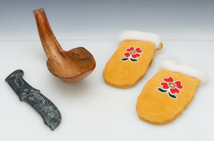 Inuit Beaded Mittens, Large Horn Ladle And Engraved Stone Knife